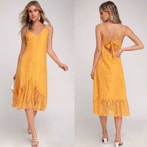 NWT Lulus Zahria Golden Yellow Lace Button Front Midi Dress - Size Large